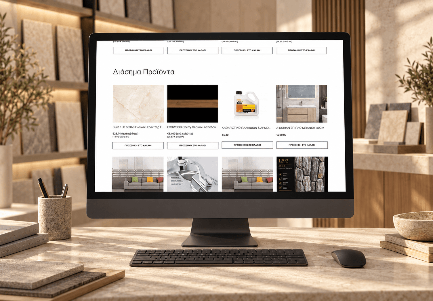 The real Xenarios Tiles catalogue showing tiles, prices and add-to-cart actions
